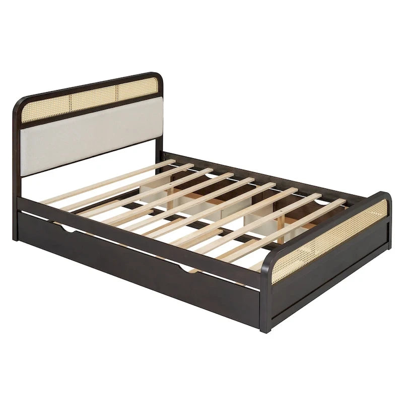 Lit plateforme en bois rotin bohème Queen avec tête de lit en bois, lit gigogne et 2 tiroirs de rangement
