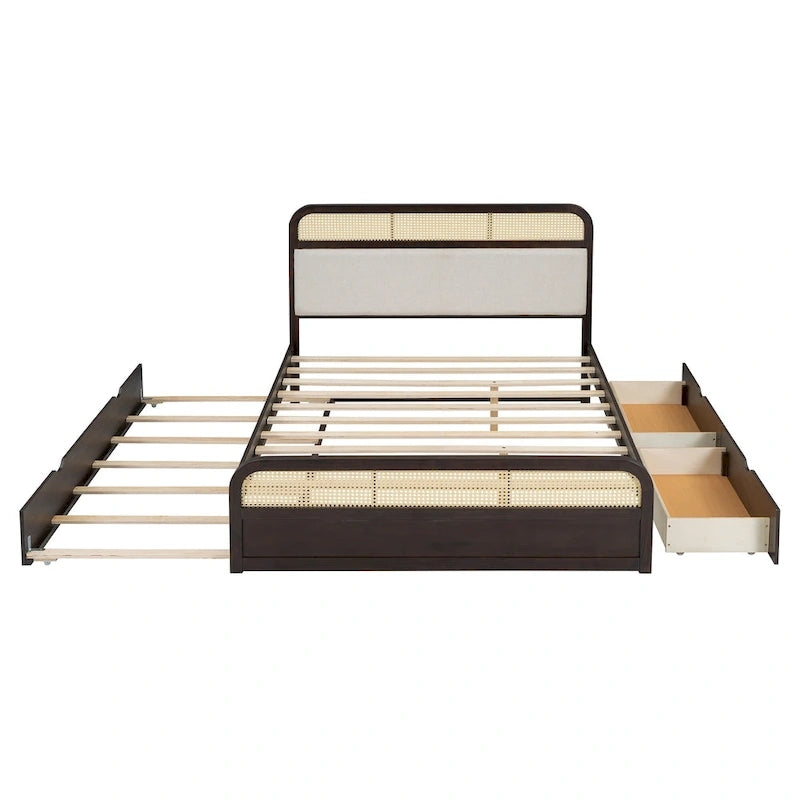Lit plateforme en bois rotin bohème Queen avec tête de lit en bois, lit gigogne et 2 tiroirs de rangement