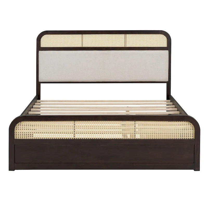 Lit plateforme en bois rotin bohème Queen avec tête de lit en bois, lit gigogne et 2 tiroirs de rangement