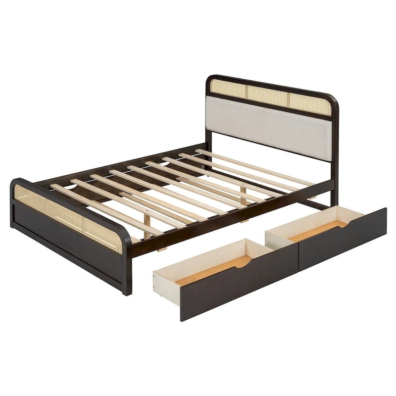 Lit plateforme en bois rotin bohème Queen avec tête de lit en bois, lit gigogne et 2 tiroirs de rangement
