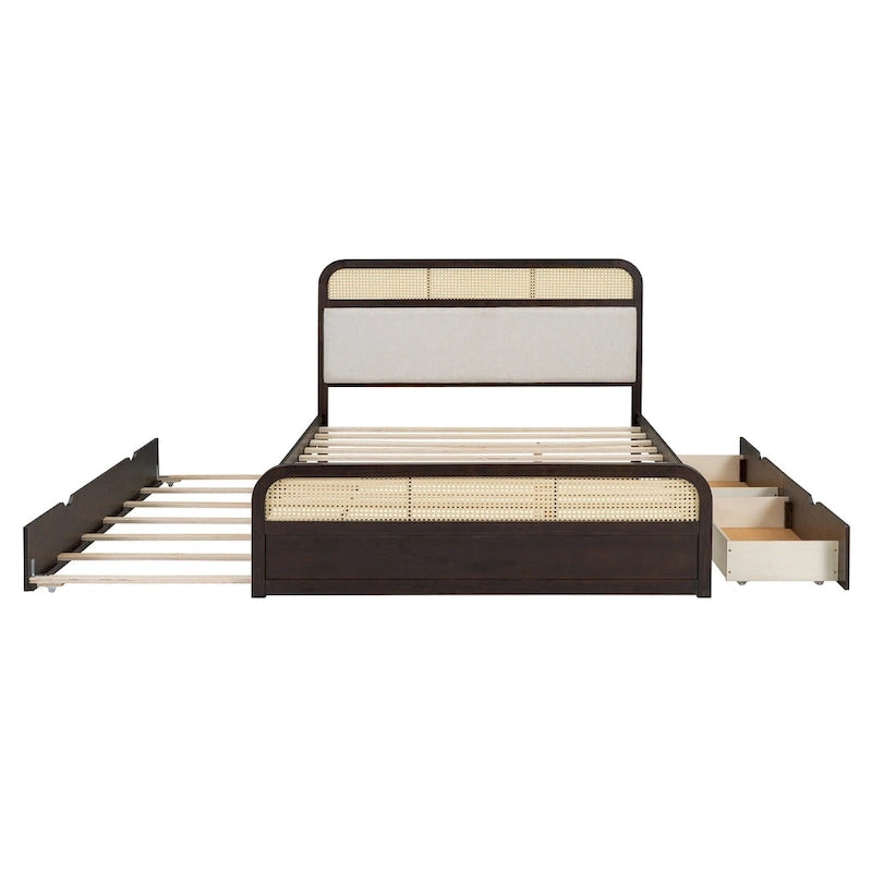Lit plateforme en bois rotin bohème Queen avec tête de lit en bois, lit gigogne et 2 tiroirs de rangement