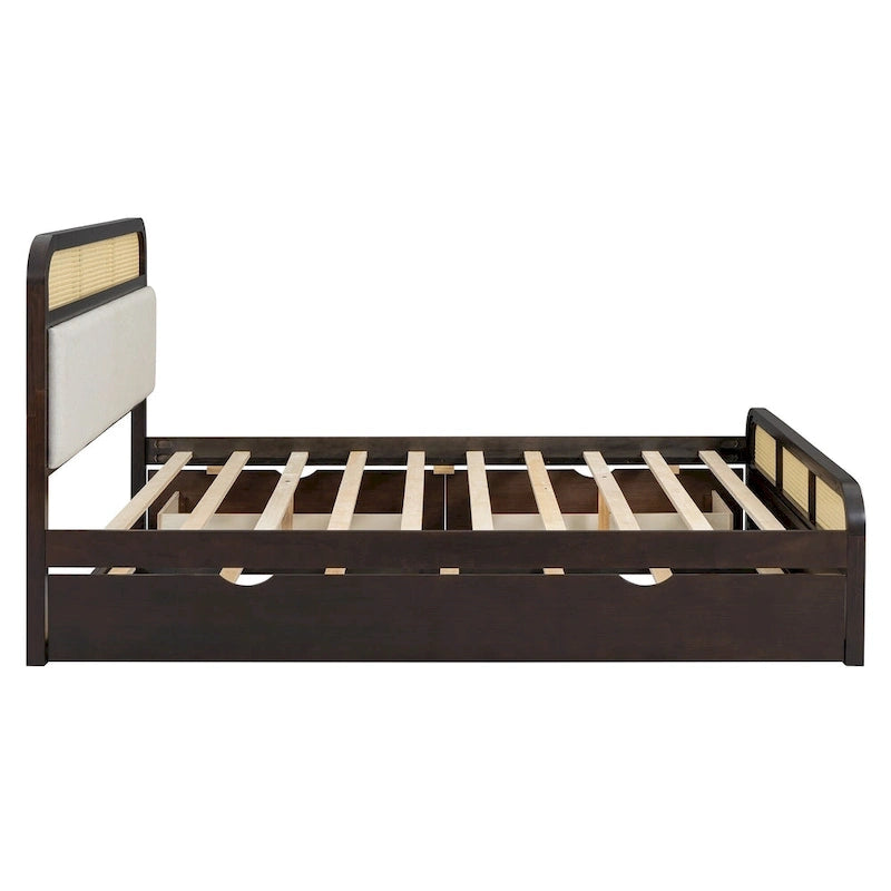 Lit plateforme en bois rotin bohème Queen avec tête de lit en bois, lit gigogne et 2 tiroirs de rangement