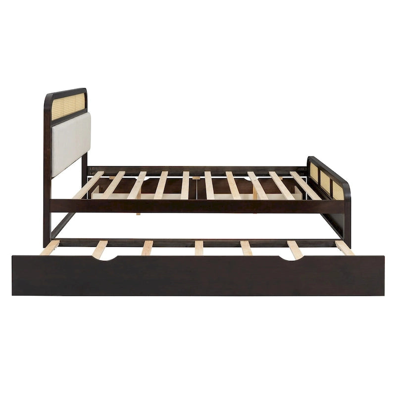 Lit plateforme en bois rotin bohème Queen avec tête de lit en bois, lit gigogne et 2 tiroirs de rangement