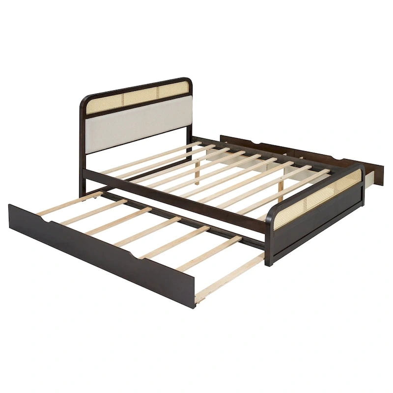 Lit plateforme en bois rotin bohème Queen avec tête de lit en bois, lit gigogne et 2 tiroirs de rangement