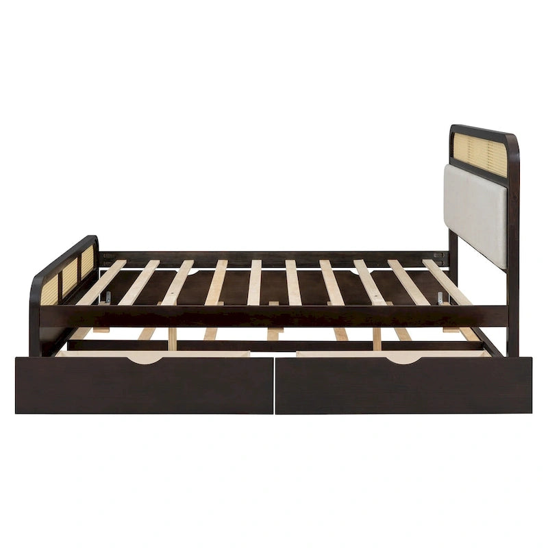 Lit plateforme en bois rotin bohème Queen avec tête de lit en bois, lit gigogne et 2 tiroirs de rangement