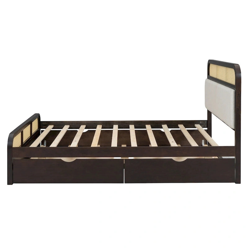 Lit plateforme en bois rotin bohème Queen avec tête de lit en bois, lit gigogne et 2 tiroirs de rangement