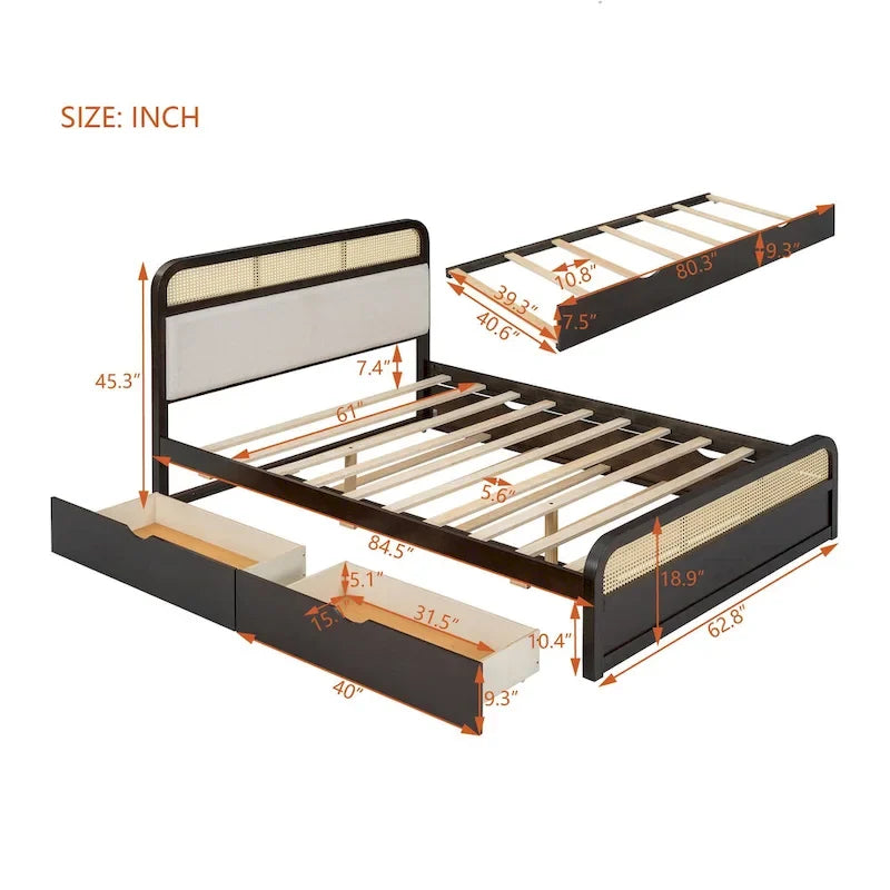 Lit plateforme en bois rotin bohème Queen avec tête de lit en bois, lit gigogne et 2 tiroirs de rangement
