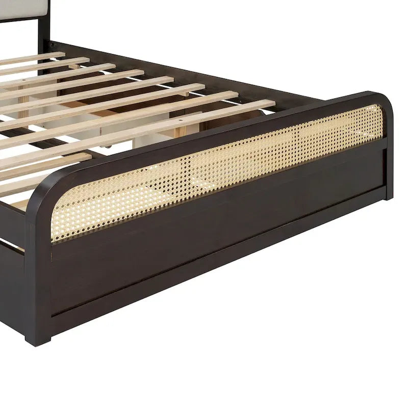 Lit plateforme en bois rotin bohème Queen avec tête de lit en bois, lit gigogne et 2 tiroirs de rangement