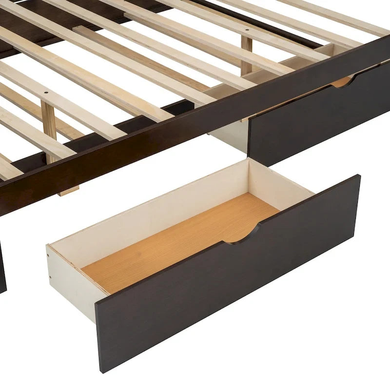 Lit plateforme en bois rotin bohème Queen avec tête de lit en bois, lit gigogne et 2 tiroirs de rangement