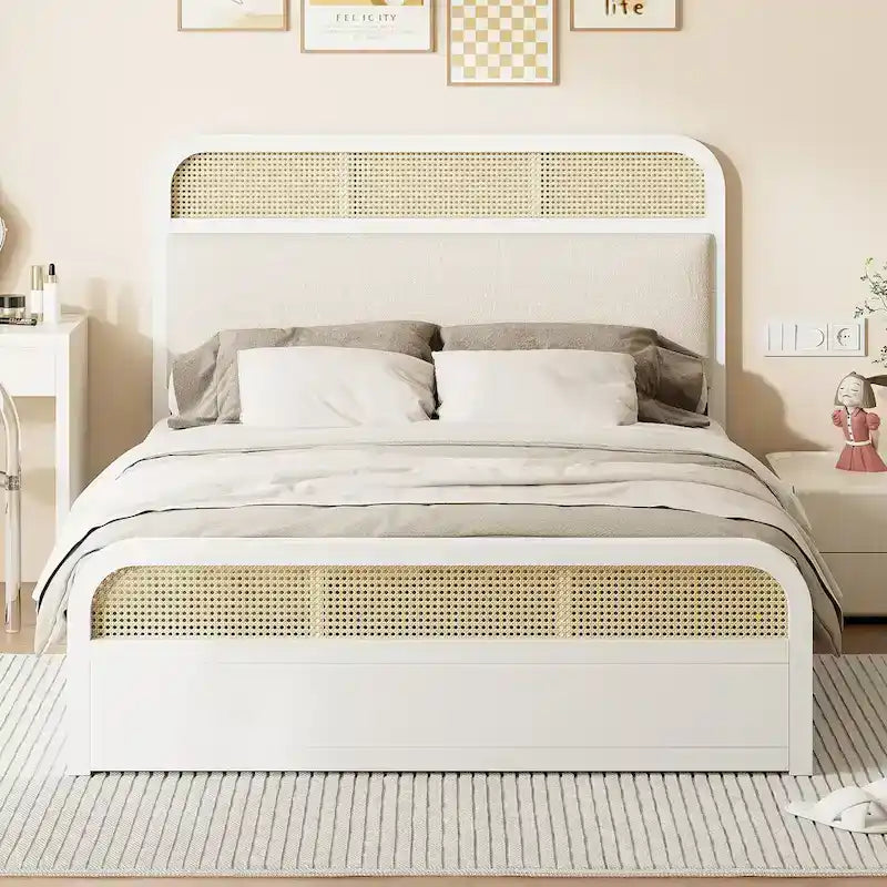 Lit plateforme en bois rotin bohème Queen avec tête de lit en bois, lit gigogne et 2 tiroirs de rangement