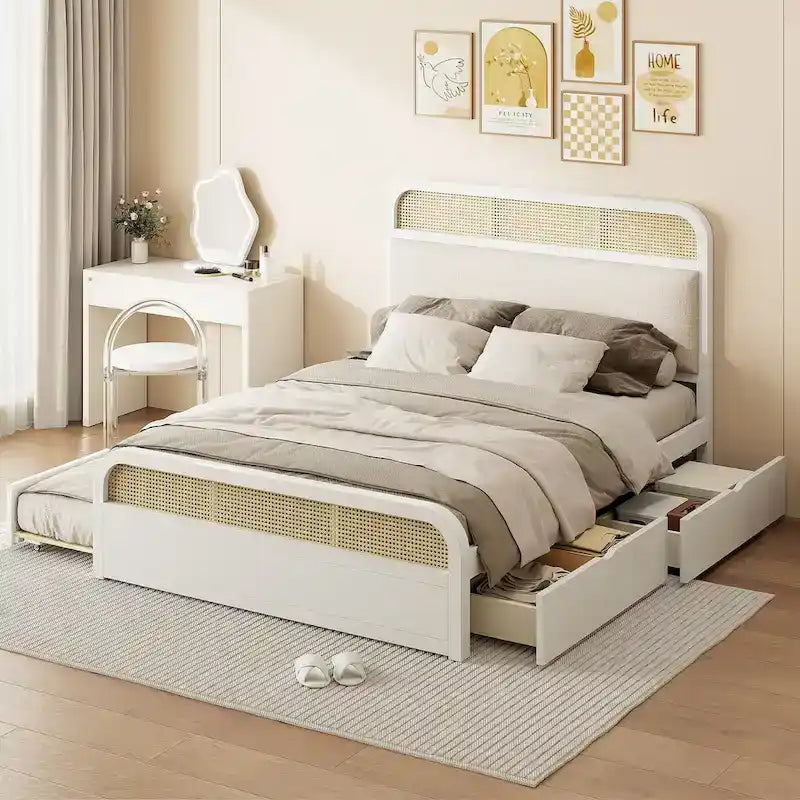 Lit plateforme en bois rotin bohème Queen avec tête de lit en bois, lit gigogne et 2 tiroirs de rangement