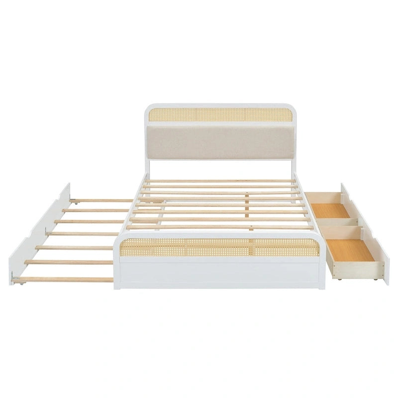 Lit plateforme en bois rotin bohème Queen avec tête de lit en bois, lit gigogne et 2 tiroirs de rangement