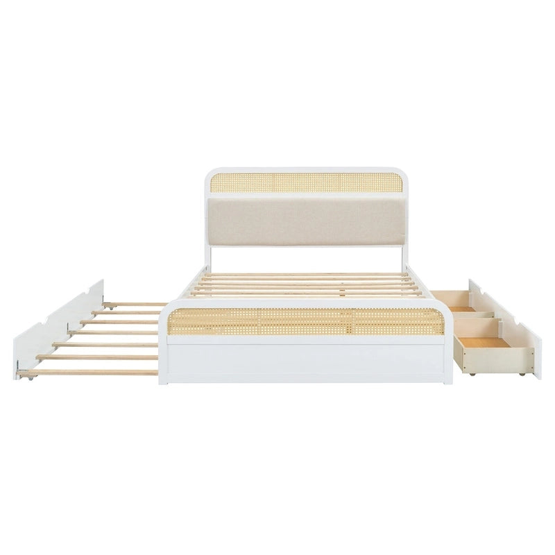 Lit plateforme en bois rotin bohème Queen avec tête de lit en bois, lit gigogne et 2 tiroirs de rangement