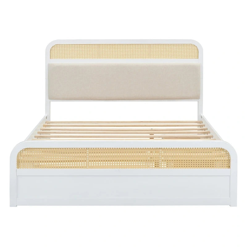 Lit plateforme en bois rotin bohème Queen avec tête de lit en bois, lit gigogne et 2 tiroirs de rangement