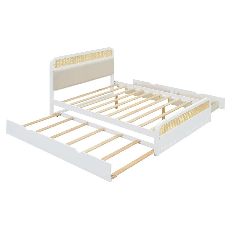 Lit plateforme en bois rotin bohème Queen avec tête de lit en bois, lit gigogne et 2 tiroirs de rangement