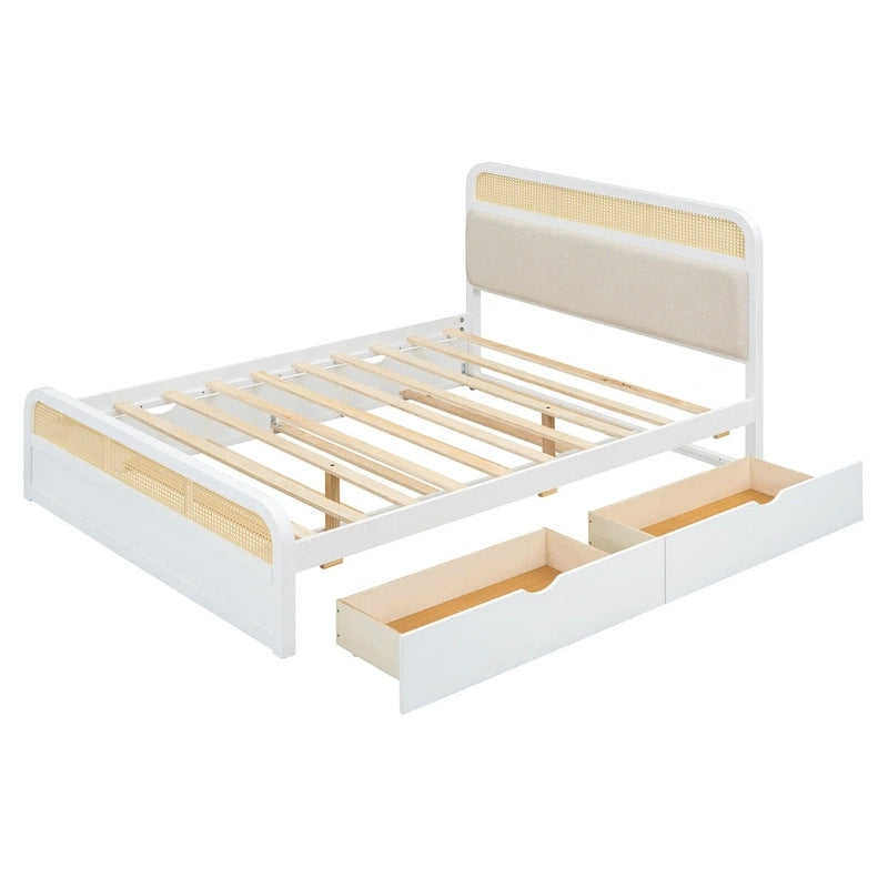 Lit plateforme en bois rotin bohème Queen avec tête de lit en bois, lit gigogne et 2 tiroirs de rangement