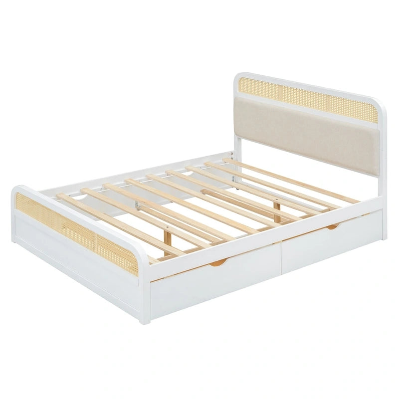 Lit plateforme en bois rotin bohème Queen avec tête de lit en bois, lit gigogne et 2 tiroirs de rangement