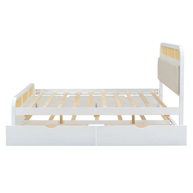 Lit plateforme en bois rotin bohème Queen avec tête de lit en bois, lit gigogne et 2 tiroirs de rangement