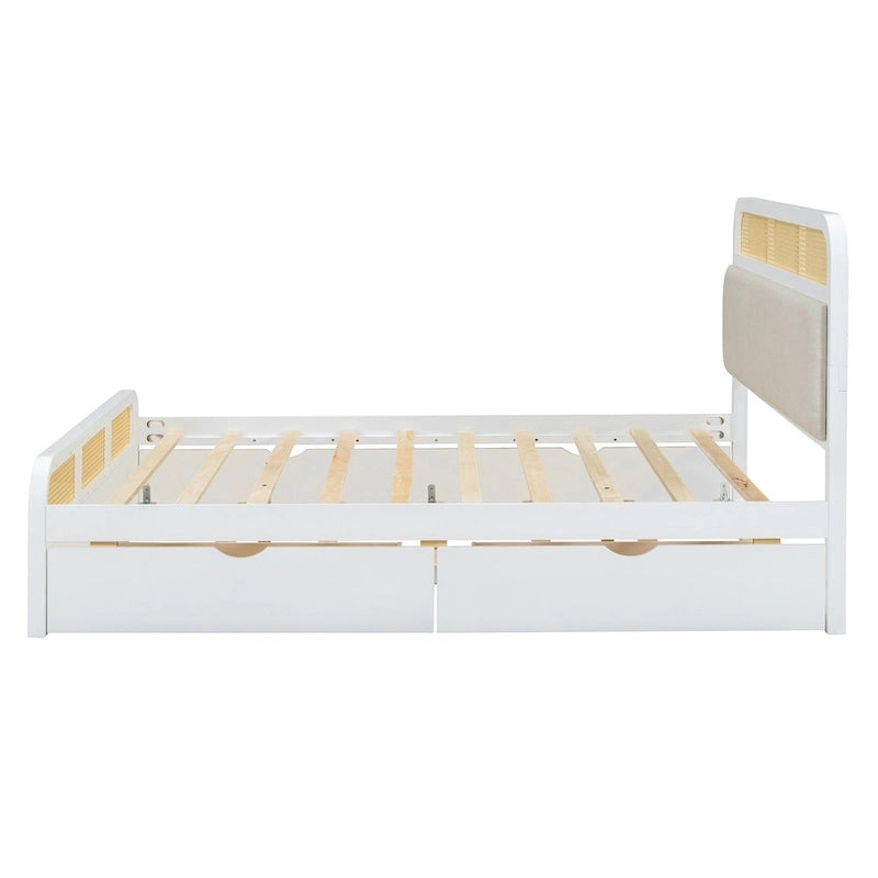 Lit plateforme en bois rotin bohème Queen avec tête de lit en bois, lit gigogne et 2 tiroirs de rangement