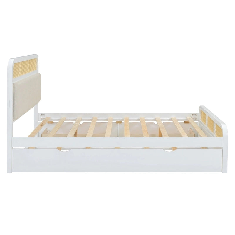 Lit plateforme en bois rotin bohème Queen avec tête de lit en bois, lit gigogne et 2 tiroirs de rangement
