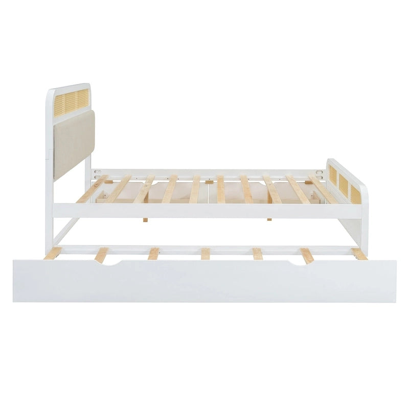 Lit plateforme en bois rotin bohème Queen avec tête de lit en bois, lit gigogne et 2 tiroirs de rangement