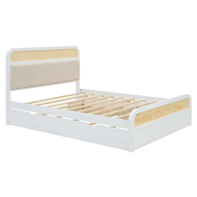 Lit plateforme en bois rotin bohème Queen avec tête de lit en bois, lit gigogne et 2 tiroirs de rangement