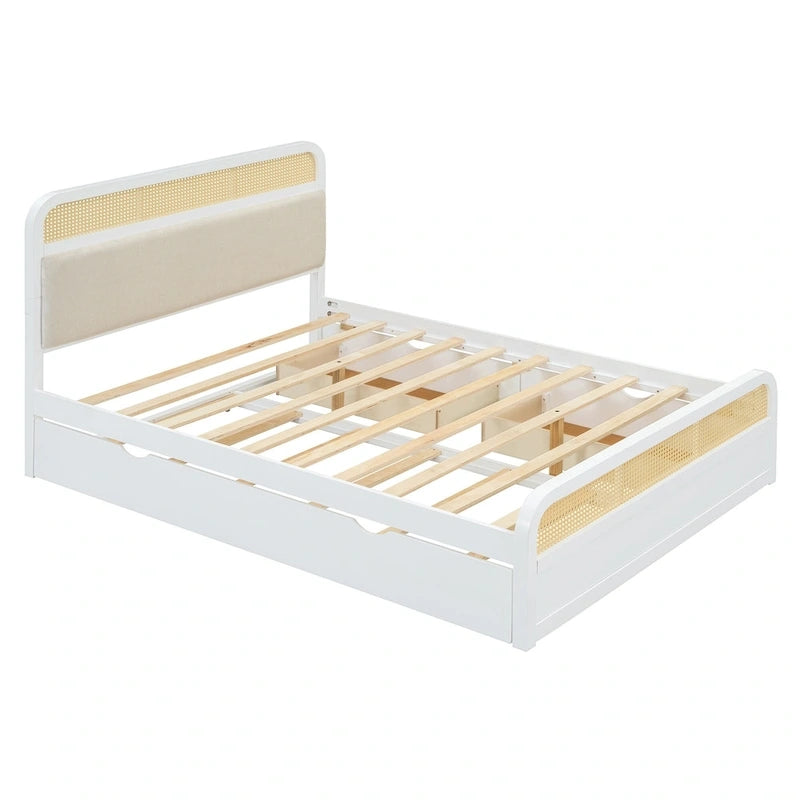 Lit plateforme en bois rotin bohème Queen avec tête de lit en bois, lit gigogne et 2 tiroirs de rangement