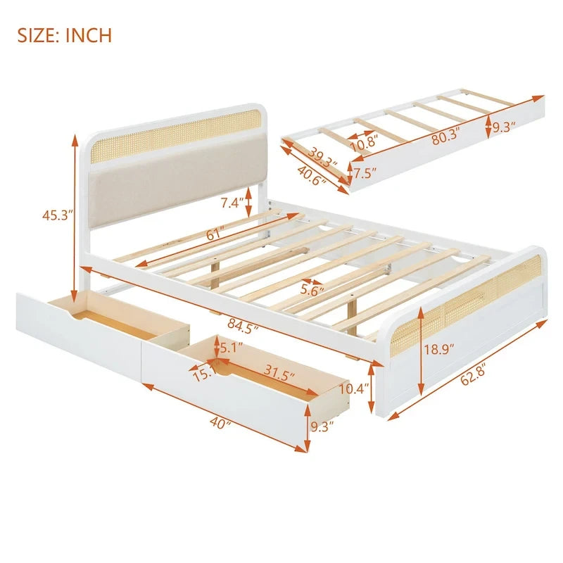 Lit plateforme en bois rotin bohème Queen avec tête de lit en bois, lit gigogne et 2 tiroirs de rangement