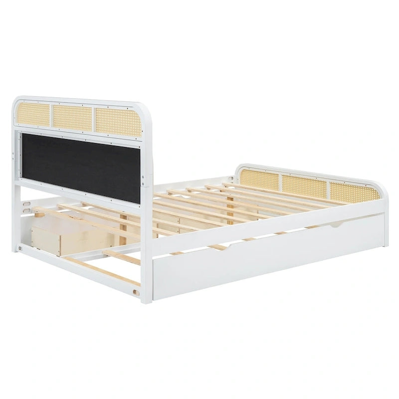 Lit plateforme en bois rotin bohème Queen avec tête de lit en bois, lit gigogne et 2 tiroirs de rangement