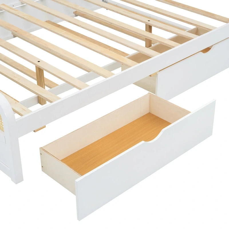 Lit plateforme en bois rotin bohème Queen avec tête de lit en bois, lit gigogne et 2 tiroirs de rangement