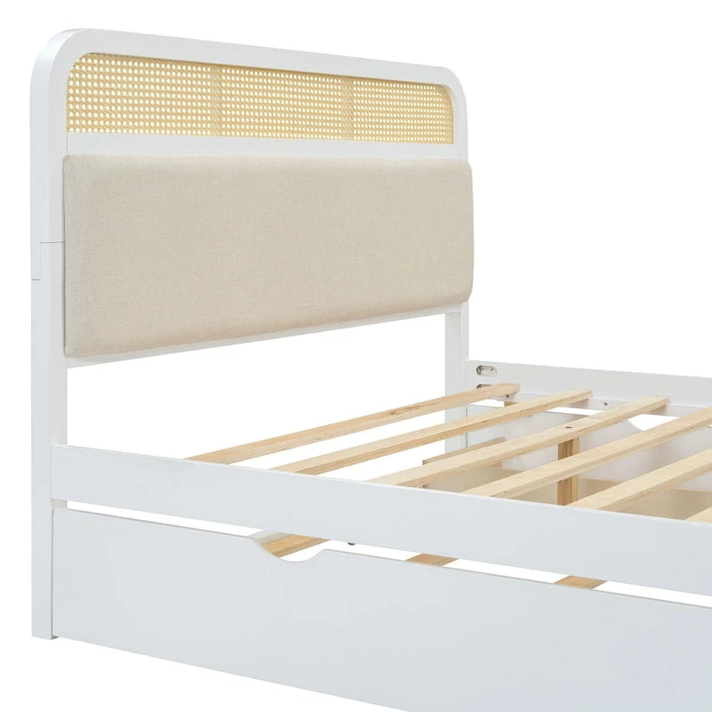 Lit plateforme en bois rotin bohème Queen avec tête de lit en bois, lit gigogne et 2 tiroirs de rangement