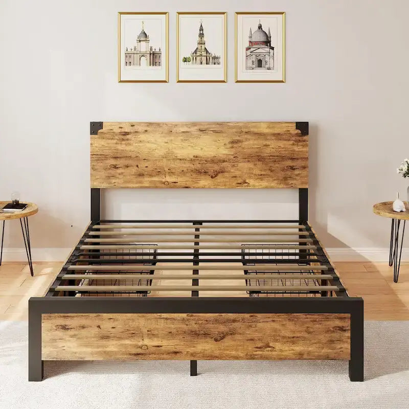 Cadre de lit plateforme en métal avec 4 tiroirs de rangement, tête de lit en bois
