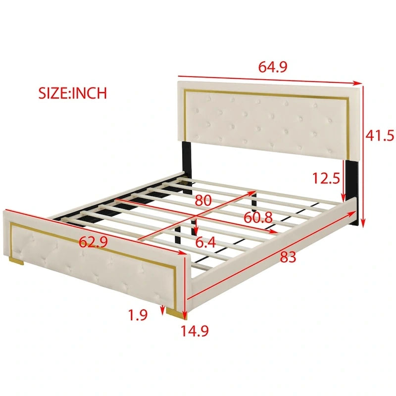 Lit plateforme capitonné Queen Size avec tête de lit capitonnée à points de traction
