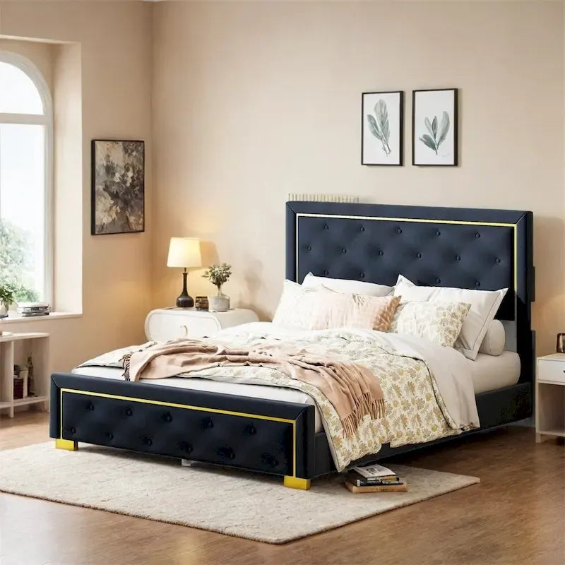 Lit plateforme capitonné Queen Size avec tête de lit capitonnée à points de traction