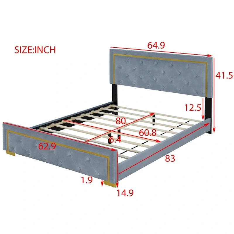 Lit plateforme capitonné Queen Size avec tête de lit capitonnée à points de traction
