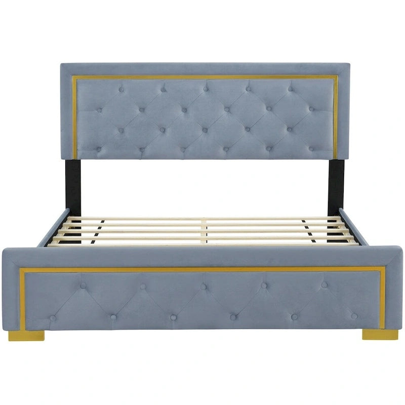 Lit plateforme capitonné Queen Size avec tête de lit capitonnée à points de traction