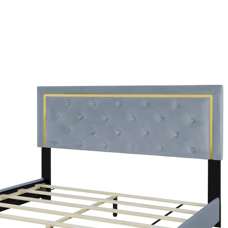 Lit plateforme capitonné Queen Size avec tête de lit capitonnée à points de traction