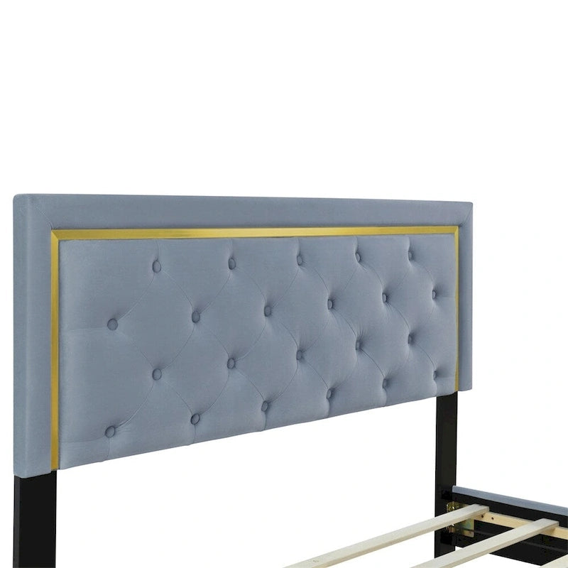 Lit plateforme capitonné Queen Size avec tête de lit capitonnée à points de traction
