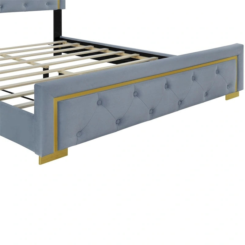 Lit plateforme capitonné Queen Size avec tête de lit capitonnée à points de traction