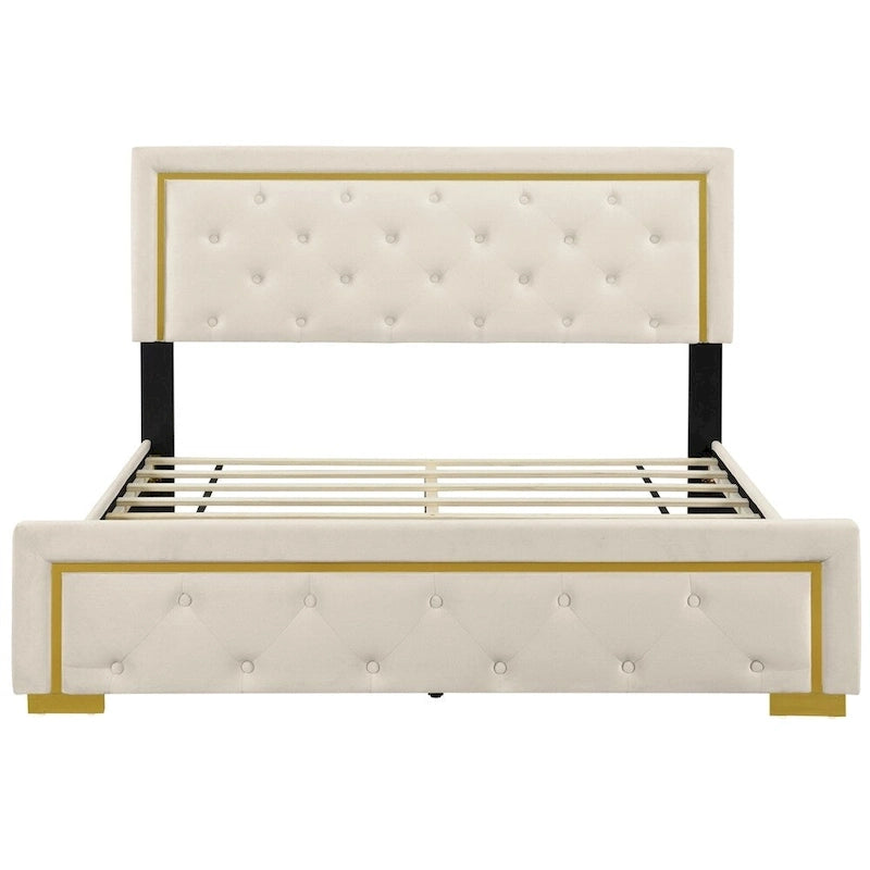 Lit plateforme capitonné Queen Size avec tête de lit capitonnée à points de traction