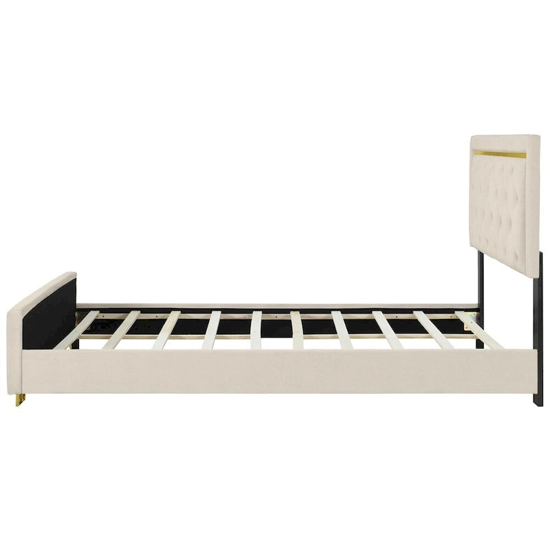 Lit plateforme capitonné Queen Size avec tête de lit capitonnée à points de traction