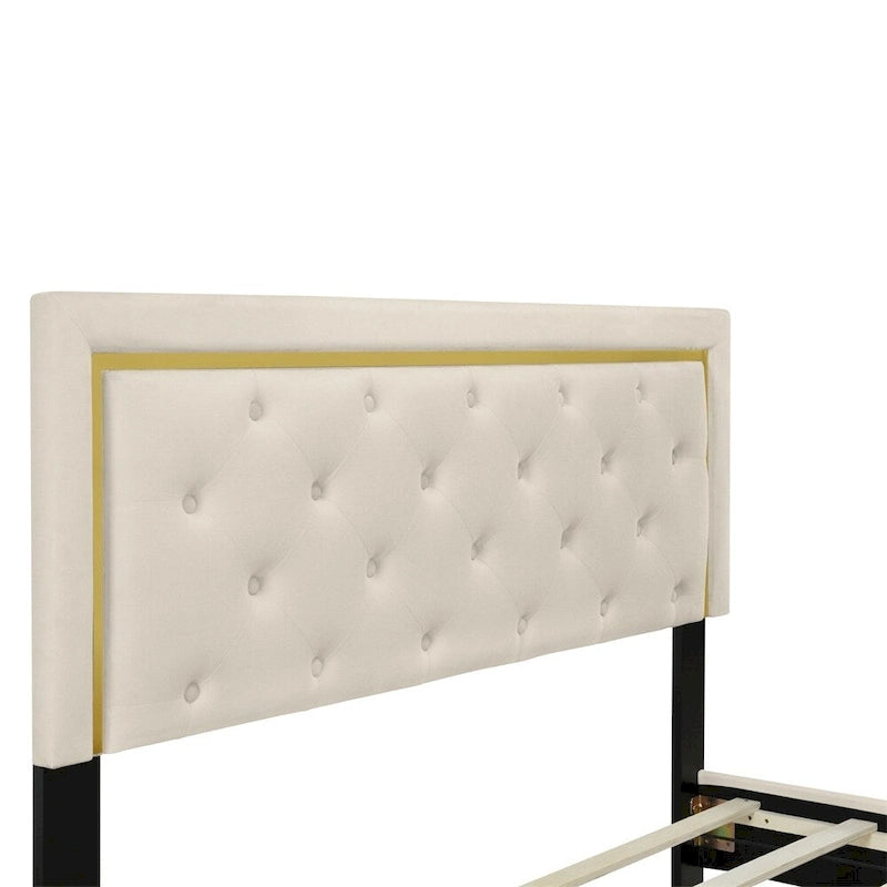 Lit plateforme capitonné Queen Size avec tête de lit capitonnée à points de traction