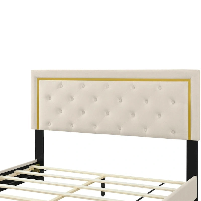 Lit plateforme capitonné Queen Size avec tête de lit capitonnée à points de traction