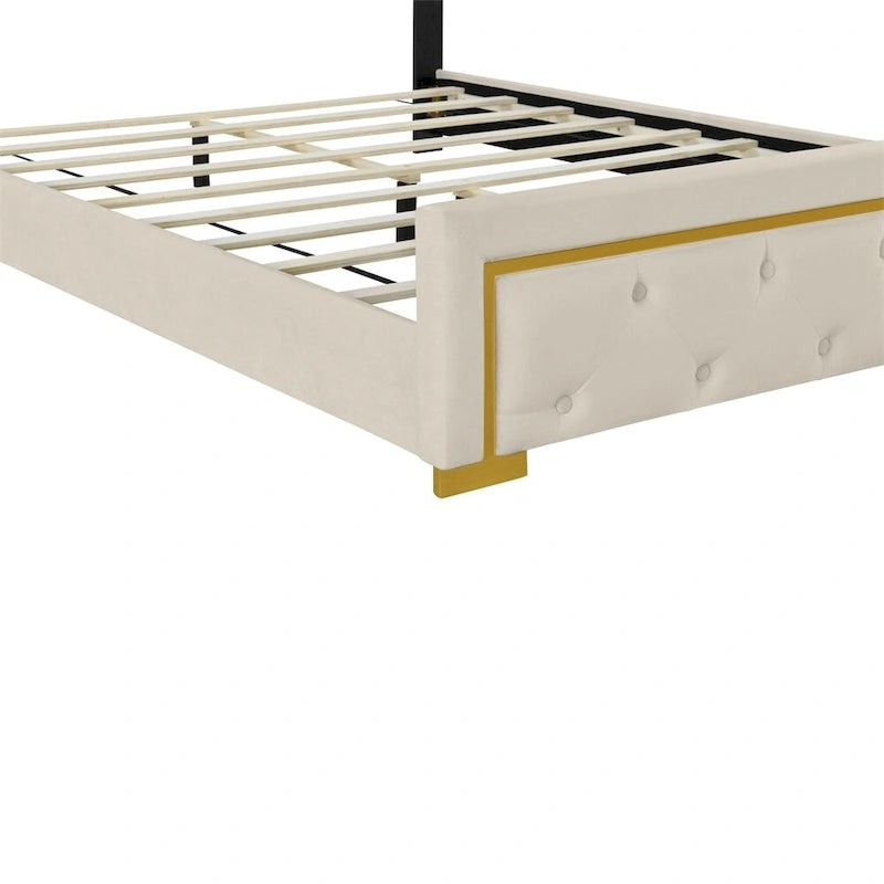 Lit plateforme capitonné Queen Size avec tête de lit capitonnée à points de traction