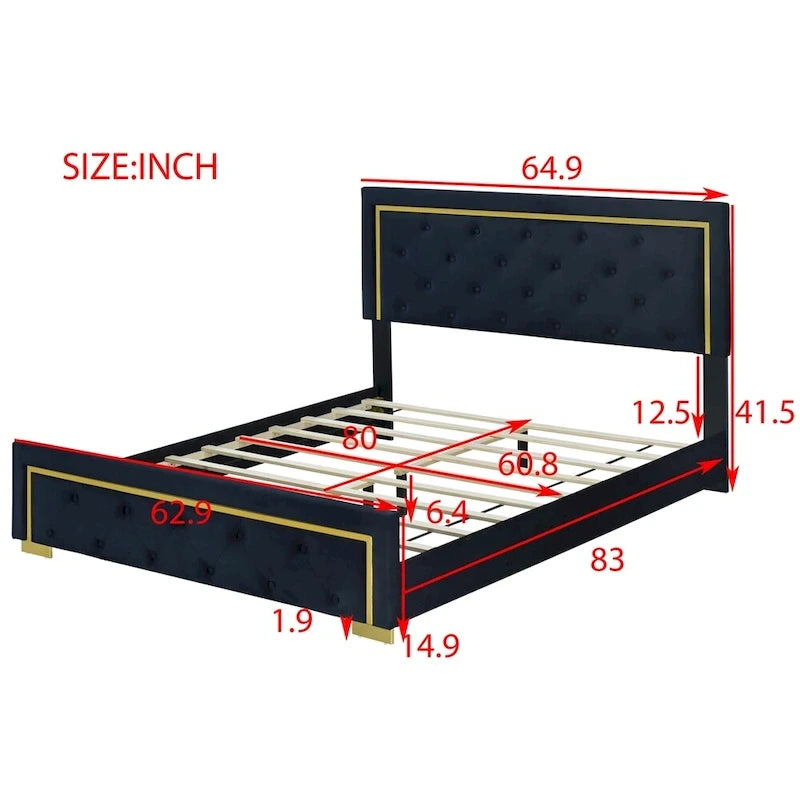 Lit plateforme capitonné Queen Size avec tête de lit capitonnée à points de traction