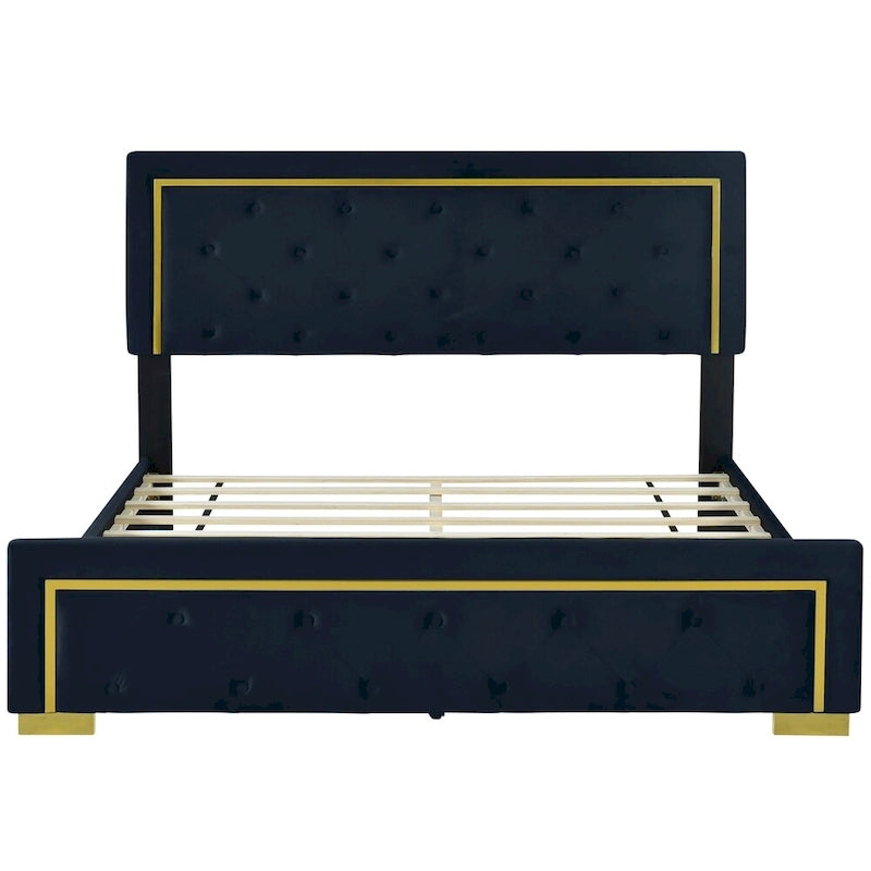 Lit plateforme capitonné Queen Size avec tête de lit capitonnée à points de traction