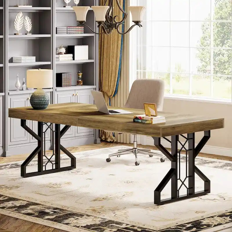 Grand bureau de direction de 63 pouces, bureau d'ordinateur rustique marron