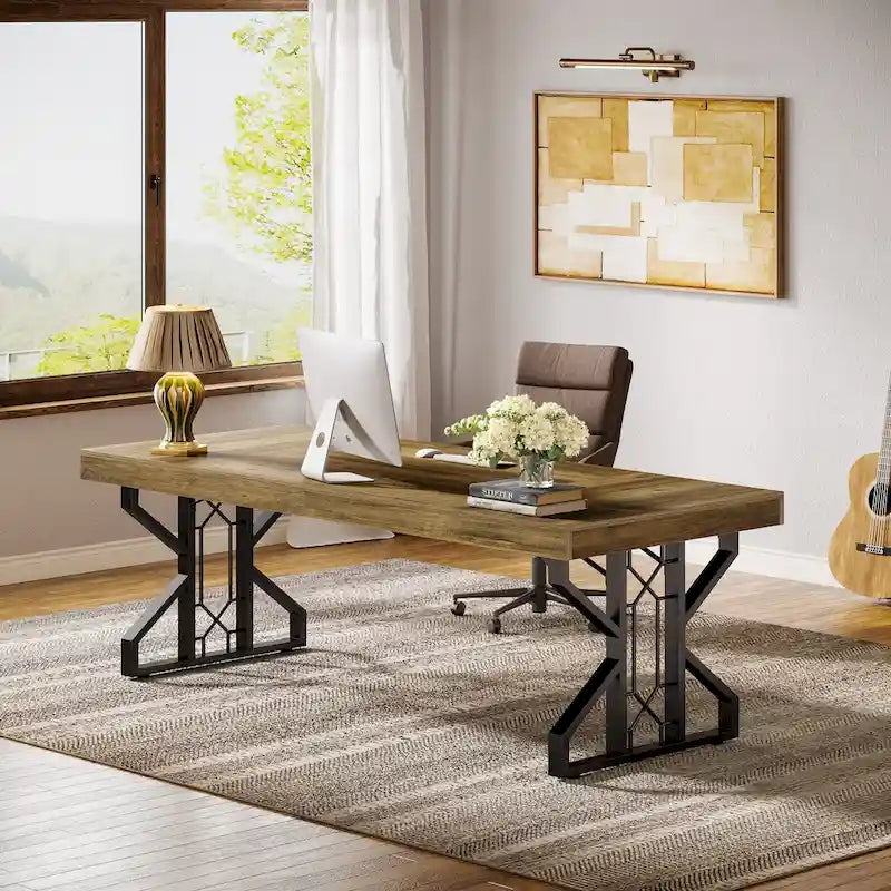Grand bureau de direction de 63 pouces, bureau d'ordinateur rustique marron