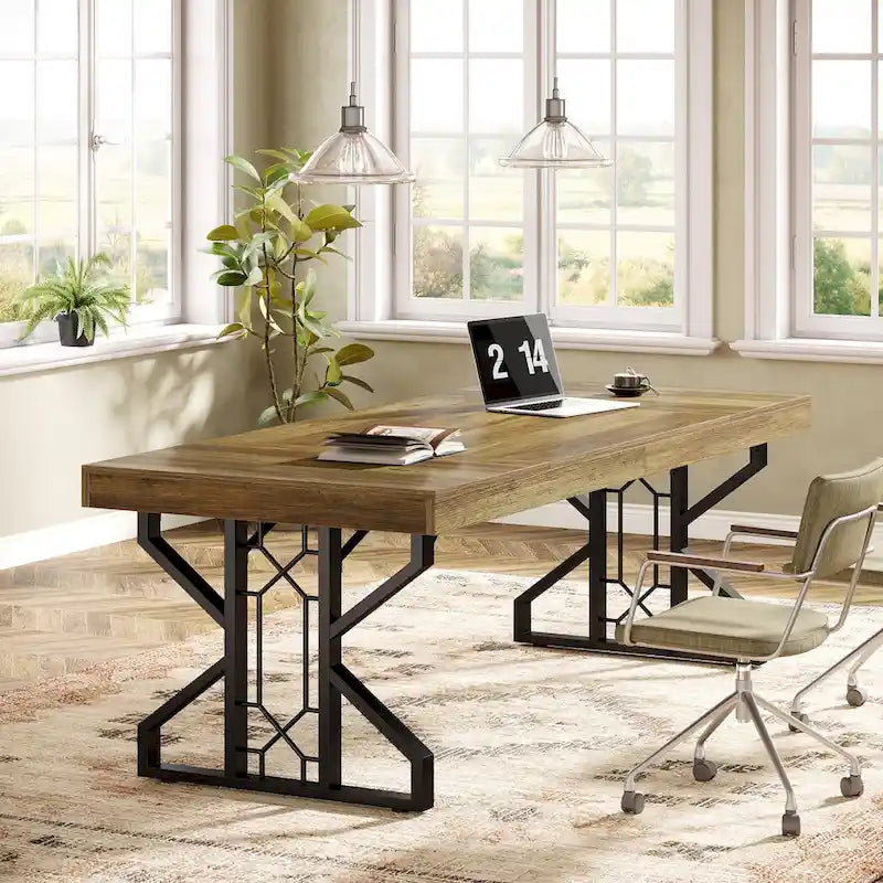 Grand bureau de direction de 63 pouces, bureau d'ordinateur rustique marron
