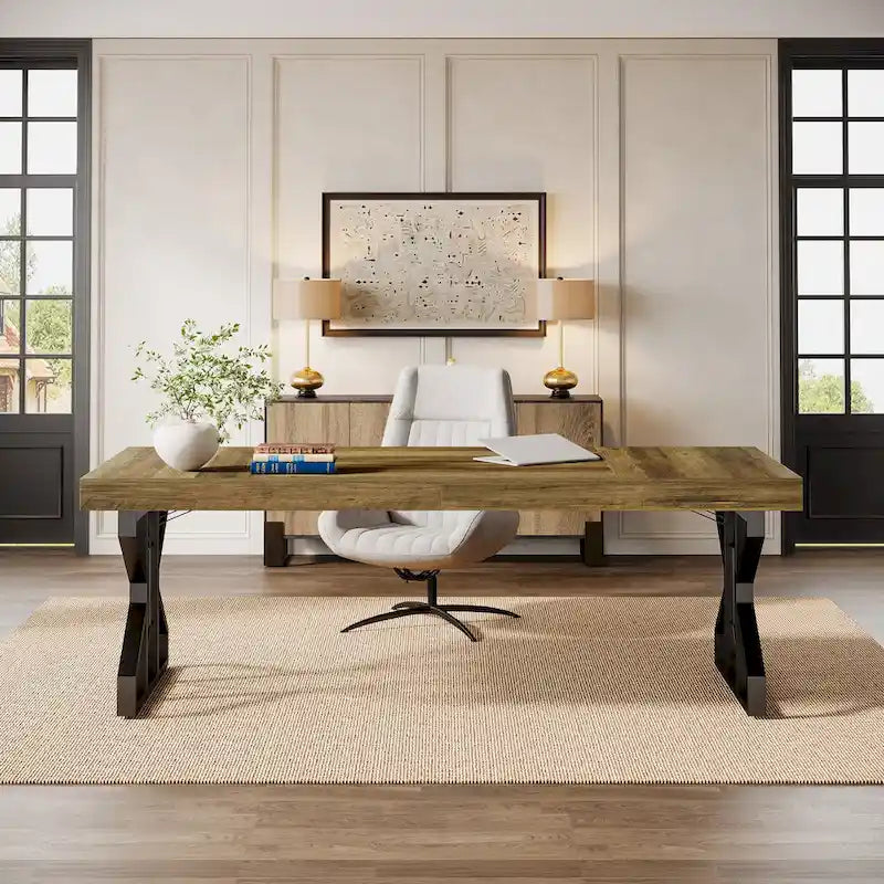 Grand bureau de direction de 63 pouces, bureau d'ordinateur rustique marron